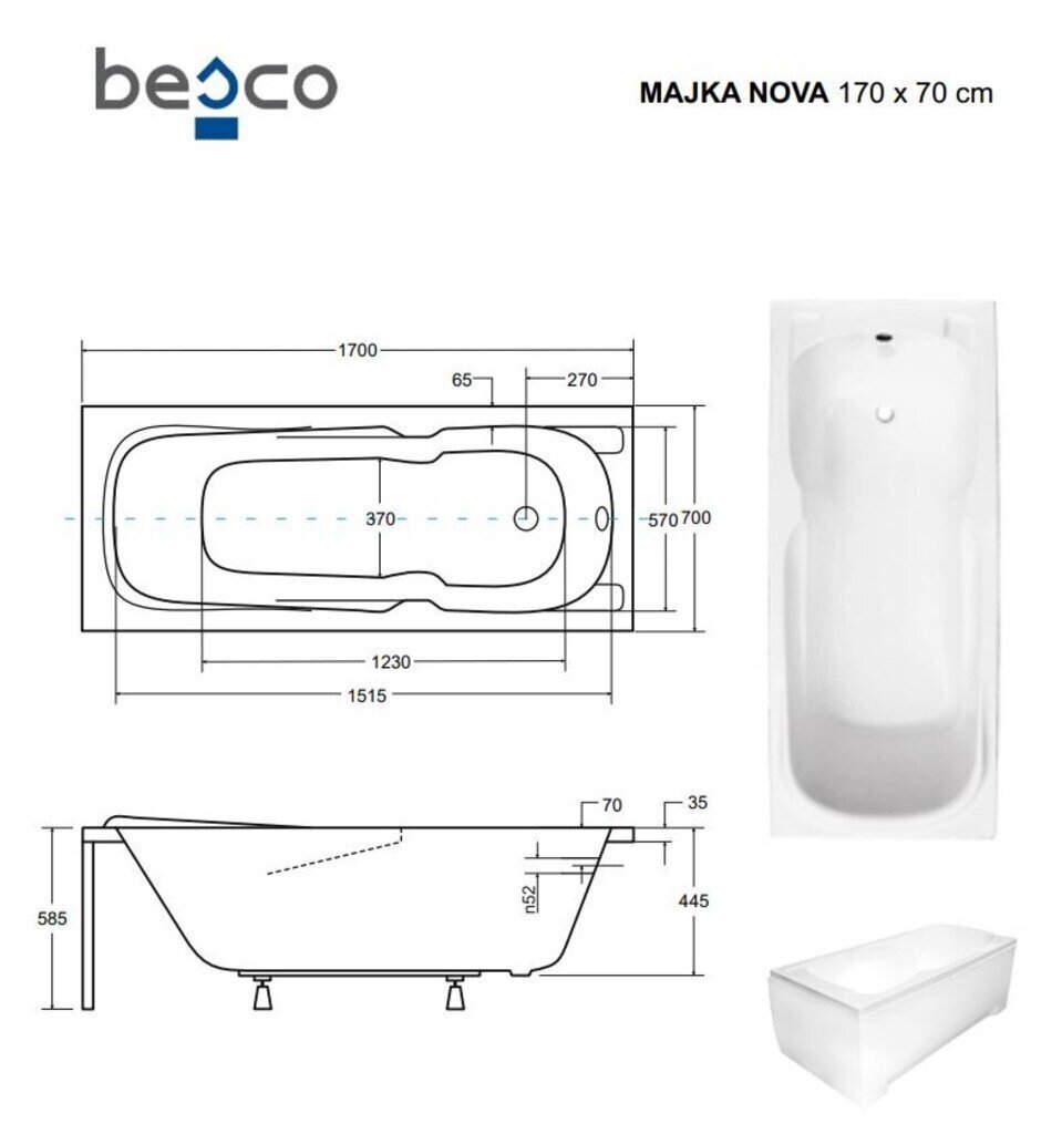 Vann Besco Majka Nova viimistlusega, 170x70 cm цена и информация | Vannid | hansapost.ee