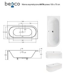 Vonia Besco Avita, 150 x 75 cm, dešininė, su balta apdaila цена и информация | Ванны | hansapost.ee