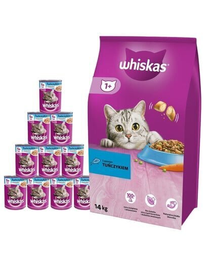 Whiskas Adult kuivtoit koos tuunikala ja juurviljadega + tuunikalakonservide komplekt, 14kg/24x400 g цена и информация | Kassi kuivtoit ja kassikrõbinad | hansapost.ee