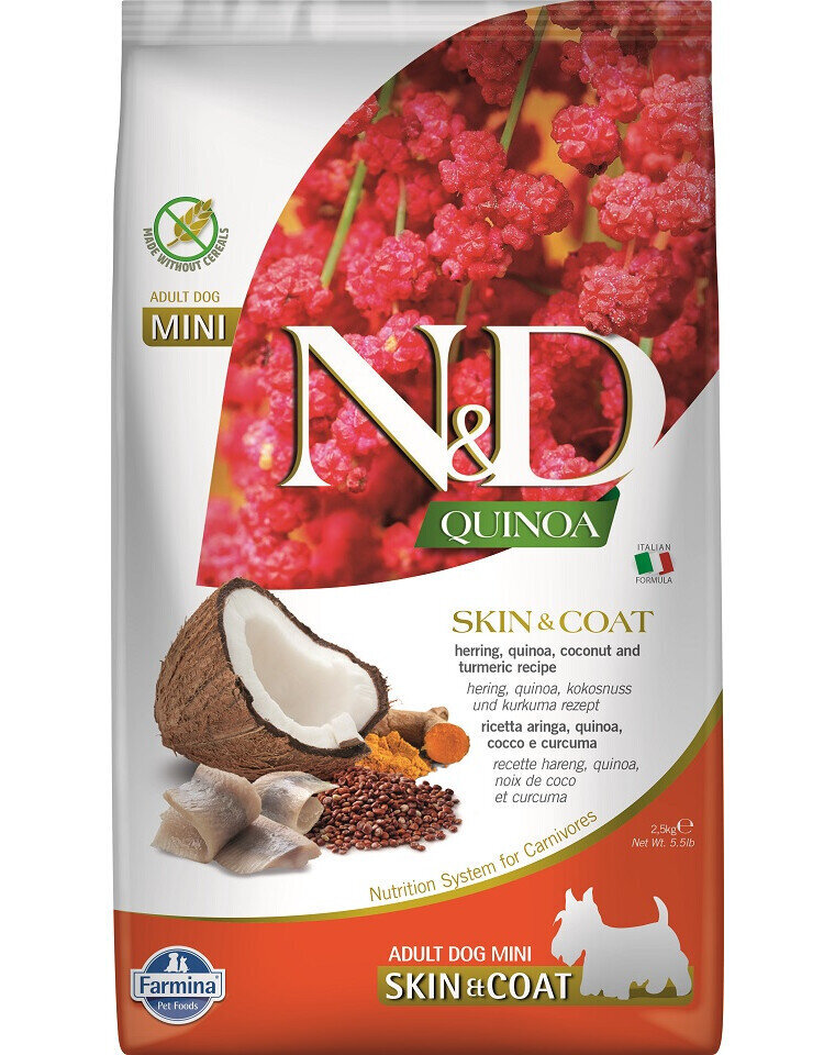 Farmina N&D Quinoa Dog Skin&Coat Adult Mini koos heeringa ja kookosega, 2,5 kg hind ja info | Koerte kuivtoit ja krõbinad | hansapost.ee