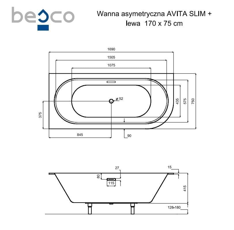 Vann Besco Avita Slim+, 170x75 cm, vasak hind ja info | Vannid | hansapost.ee