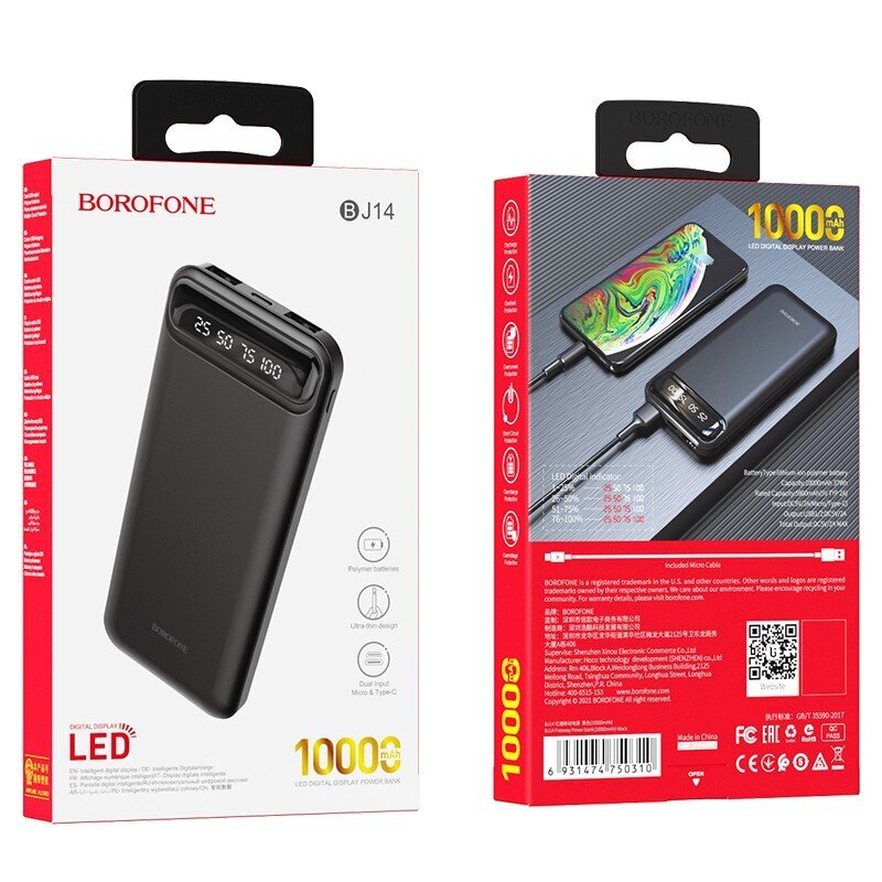 Väline aku Power Bank Borofone BJ14 Type-C microUSB 2*USB (2A) 10000mAh must hind ja info | Akupangad | hansapost.ee