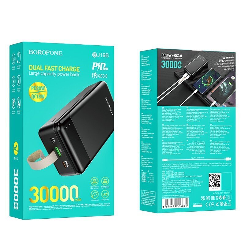 Väline aku Power Bank Borofone BJ19B PD20W+QC3.0 30000mAh must hind ja info | Akupangad | hansapost.ee