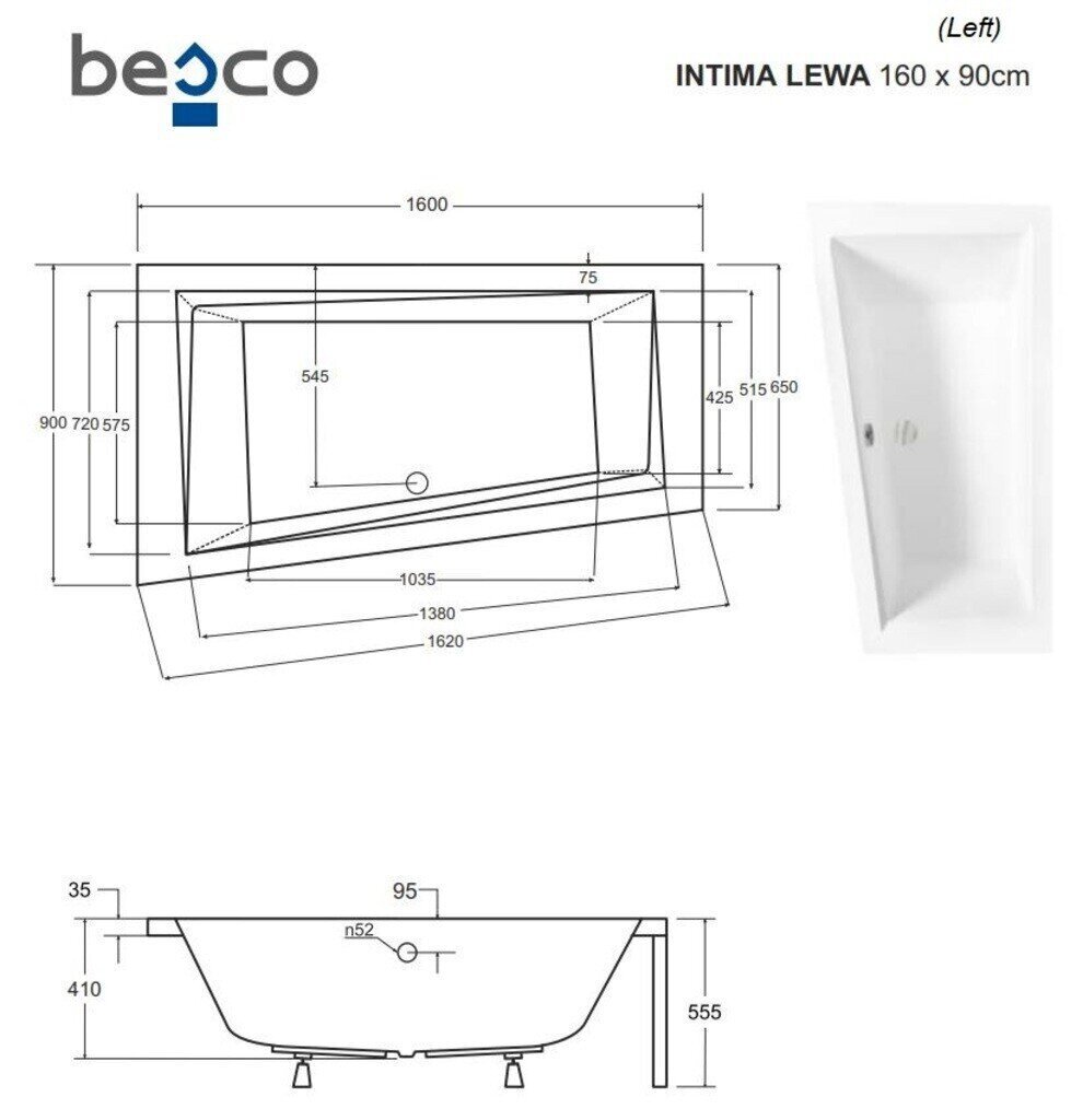 Vann Besco Intima viimistlusega, 160x90 cm, vasak hind ja info | Vannid | hansapost.ee