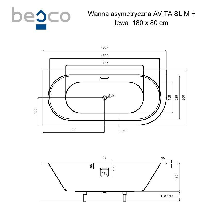 Vann Besco Avita Slim+, 180x80 cm, vasak цена и информация | Vannid | hansapost.ee