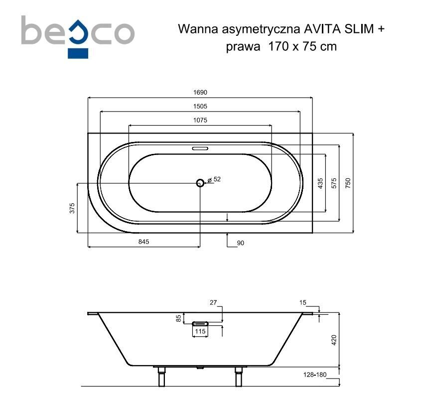 Vann Besco Avita Slim+, 170x75 cm, parem цена и информация | Vannid | hansapost.ee