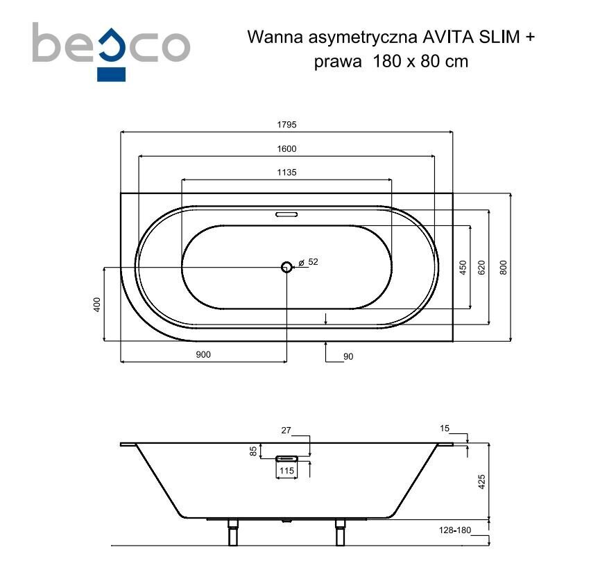 Vann Besco Avita Slim+, 180x80 cm, parem цена и информация | Vannid | hansapost.ee