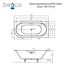 Vonia Besco Avita Slim+, 160 x 75 cm, dešininė, su aukso spalvos sifonu цена и информация | Ванны | hansapost.ee