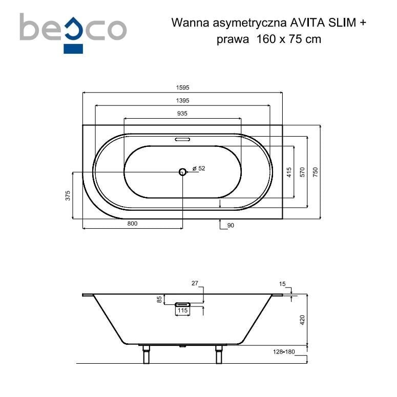 Vann Besco Avita Slim+, 160x75 cm, parem hind ja info | Vannid | hansapost.ee