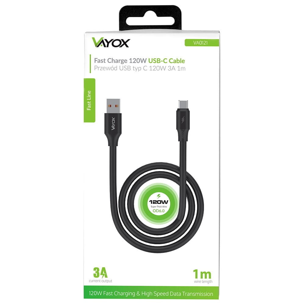 USB - USB-C 120W 3A 1m kiire liin must VA0121 Vayox kaabel цена и информация | Juhtmed ja kaablid | hansapost.ee