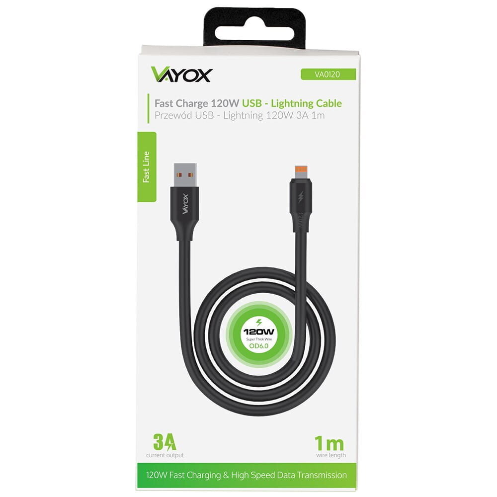 USB - piksekaabel 120W 3A 1m kiire liin must VA0120 Vayox цена и информация | Juhtmed ja kaablid | hansapost.ee