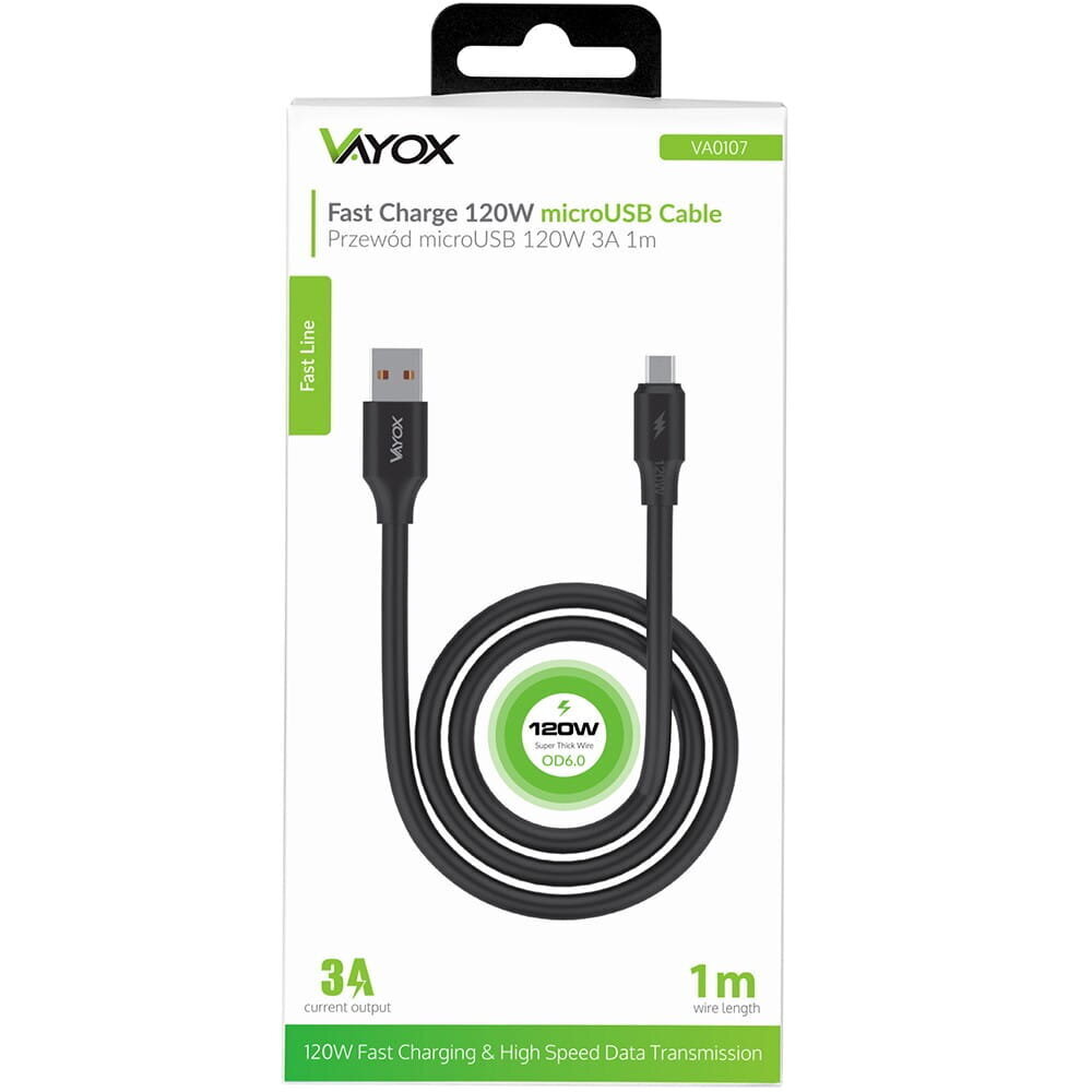 USB - microUSB kaabel 120W 3A 1m kiire liin must VA0107 Vayox цена и информация | Juhtmed ja kaablid | hansapost.ee