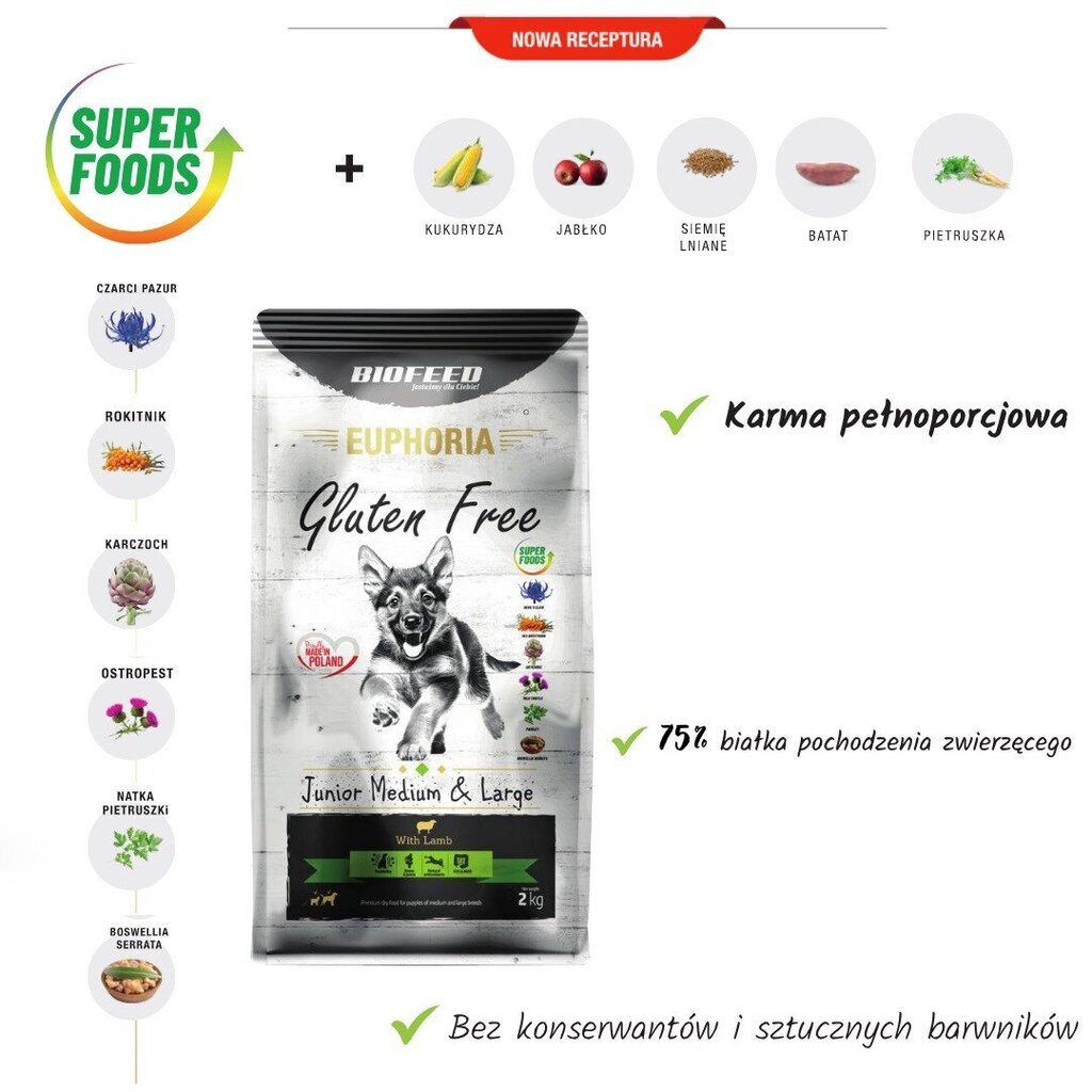 Biofeed Euphoria Gluten Free Junior Medium&Large lambaga, 12 kg hind ja info | Koerte kuivtoit ja krõbinad | hansapost.ee