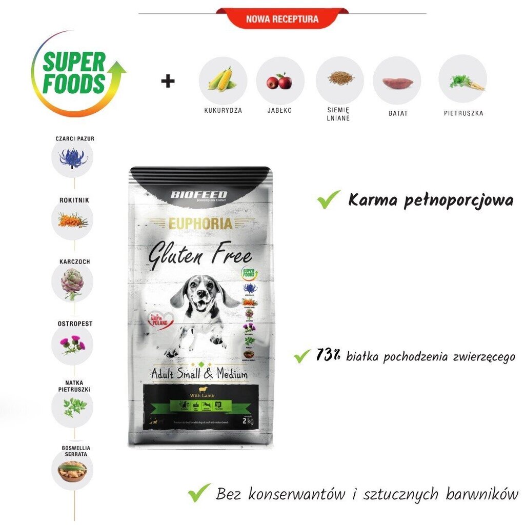 Biofeed Euphoria Gluten Free väikeste ja keskmiste tõugude täiskasvanud koertele lambalihaga, 2 kg hind ja info | Koerte kuivtoit ja krõbinad | hansapost.ee