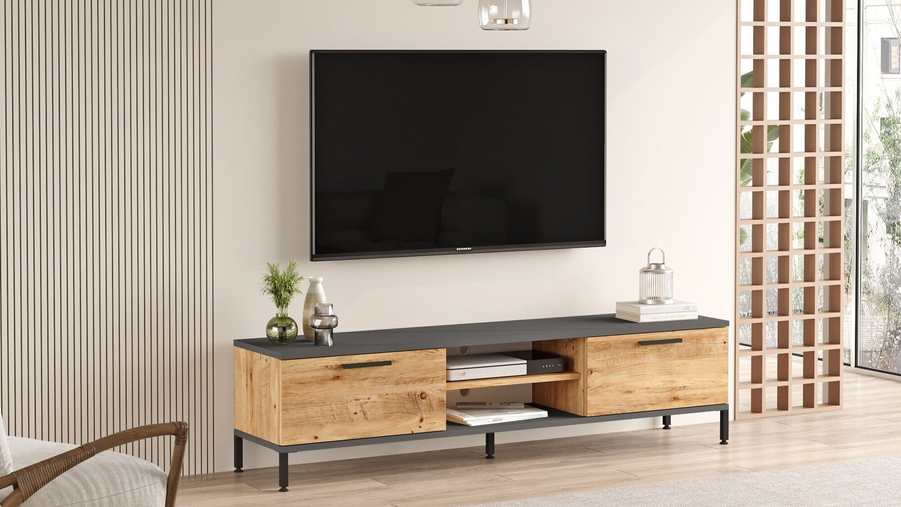 TV alus Asir, 160x39,1x35cm, beež/hall цена и информация | Televiisori alused | hansapost.ee