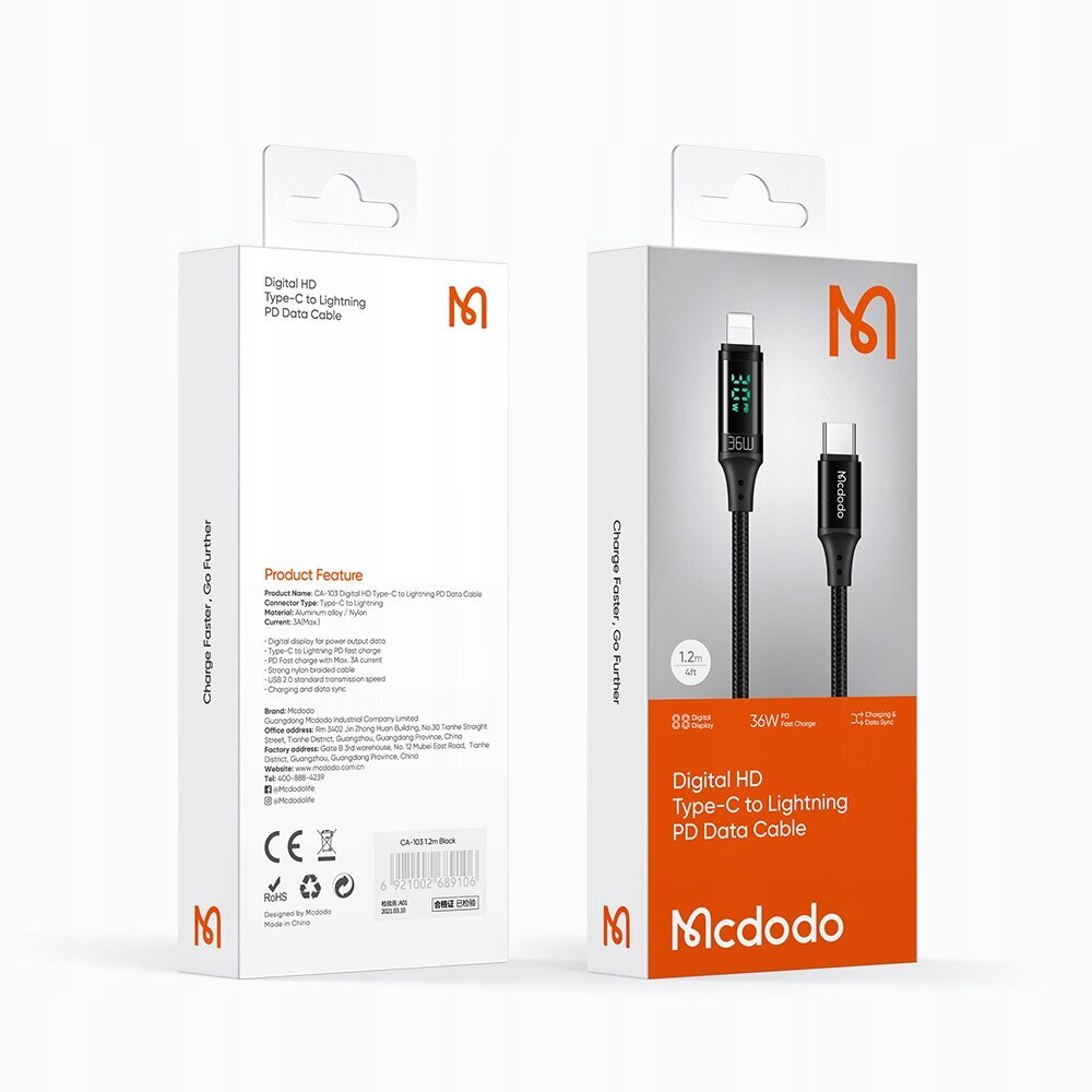 McDodo telefonikaabel, DIGITAL PRO USB-C, iPhone , 20W 1.2m must цена и информация | Juhtmed ja kaablid | hansapost.ee