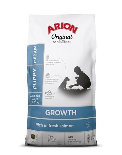 Arion Original Growth keskmist tõugu lõhega kutsikatele, 12 kg цена и информация | Koerte kuivtoit ja krõbinad | hansapost.ee