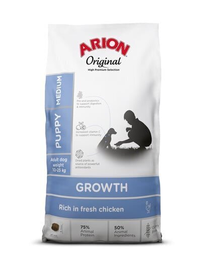 Arion Original Growth keskmist tõugu kutsikatele kanaga, 12 kg цена и информация | Koerte kuivtoit ja krõbinad | hansapost.ee