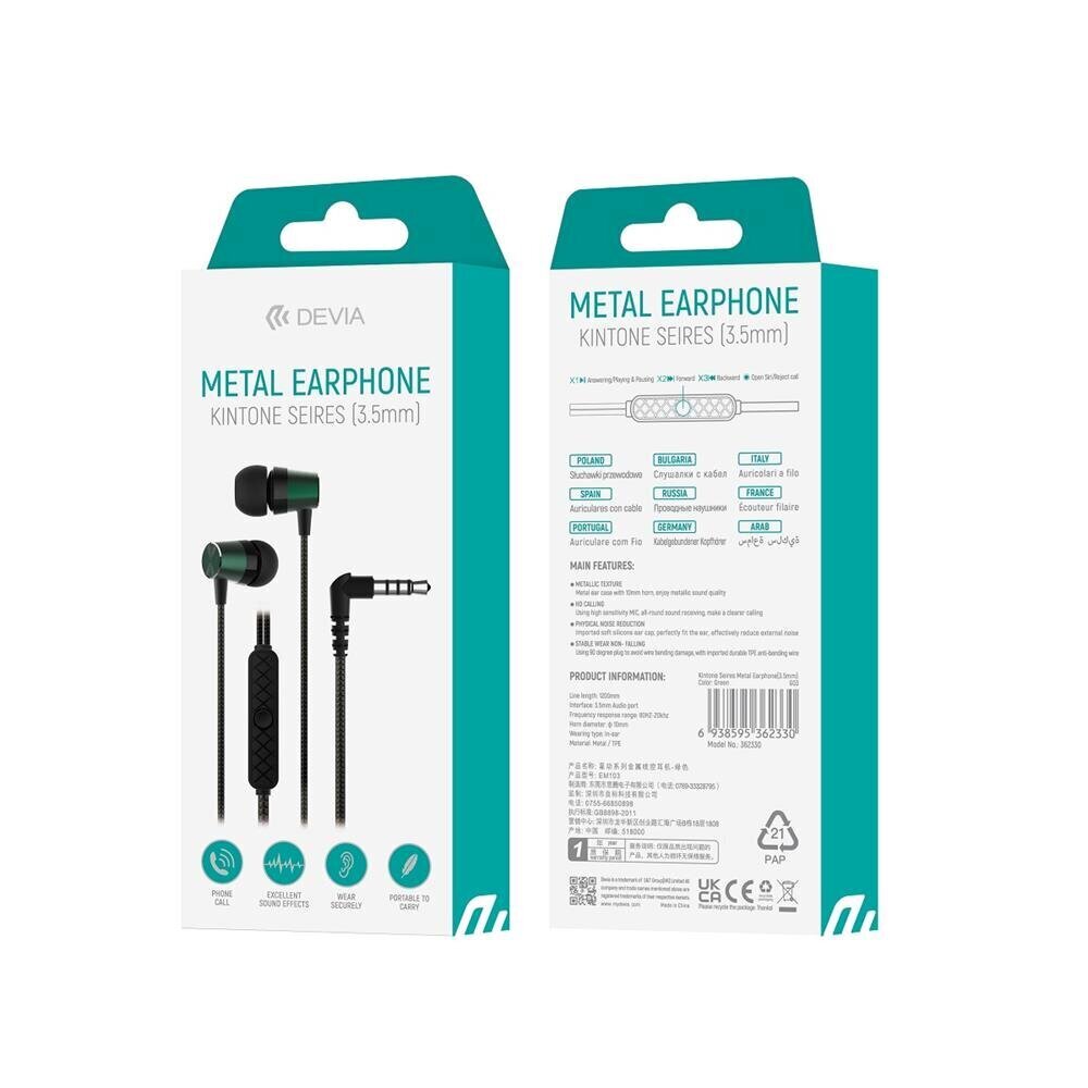 Devia wired earphones Kintone Metal jack 3,5mm green цена и информация | Kõrvaklapid | hansapost.ee