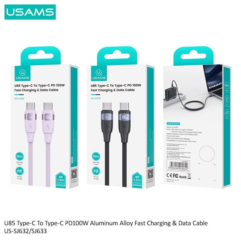 Usams Kabel U85 USB-C na USB-C 100W 1.2m PD Fast Charging fioletowy|purple SJ632USB03 (US-SJ632) hind ja info | Mobiiltelefonide kaablid | hansapost.ee