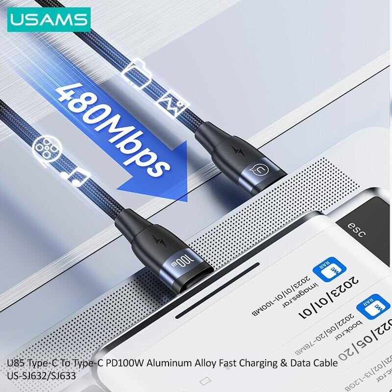 Usams Kabel U85 USB-C na USB-C 100W 1.2m PD Fast Charging fioletowy|purple SJ632USB03 (US-SJ632) hind ja info | Mobiiltelefonide kaablid | hansapost.ee