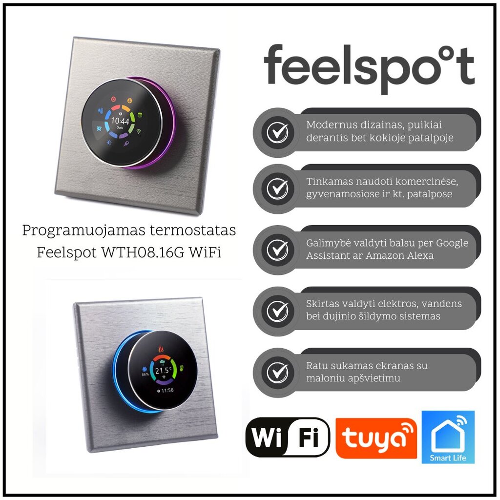 Programmeeritav termostaat Feelspot WTH08.16G WiFi, hall, Tuya, Smart Life hind ja info | Taimeriga pistikud ja termostaadid | hansapost.ee