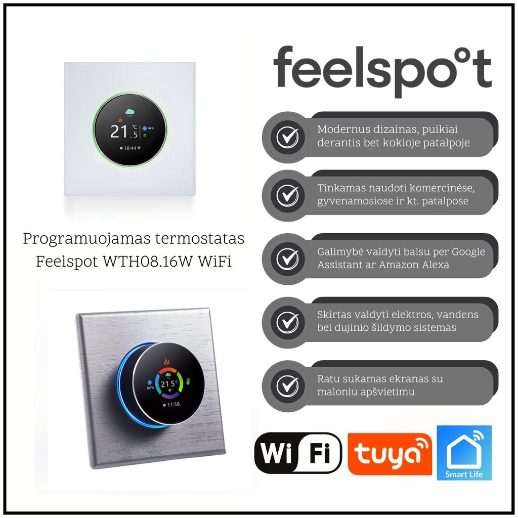 Programmeeritav termostaat Feelspot WTH08.16W WiFi, valge, Tuya, Smart Life цена и информация | Taimeriga pistikud ja termostaadid | hansapost.ee