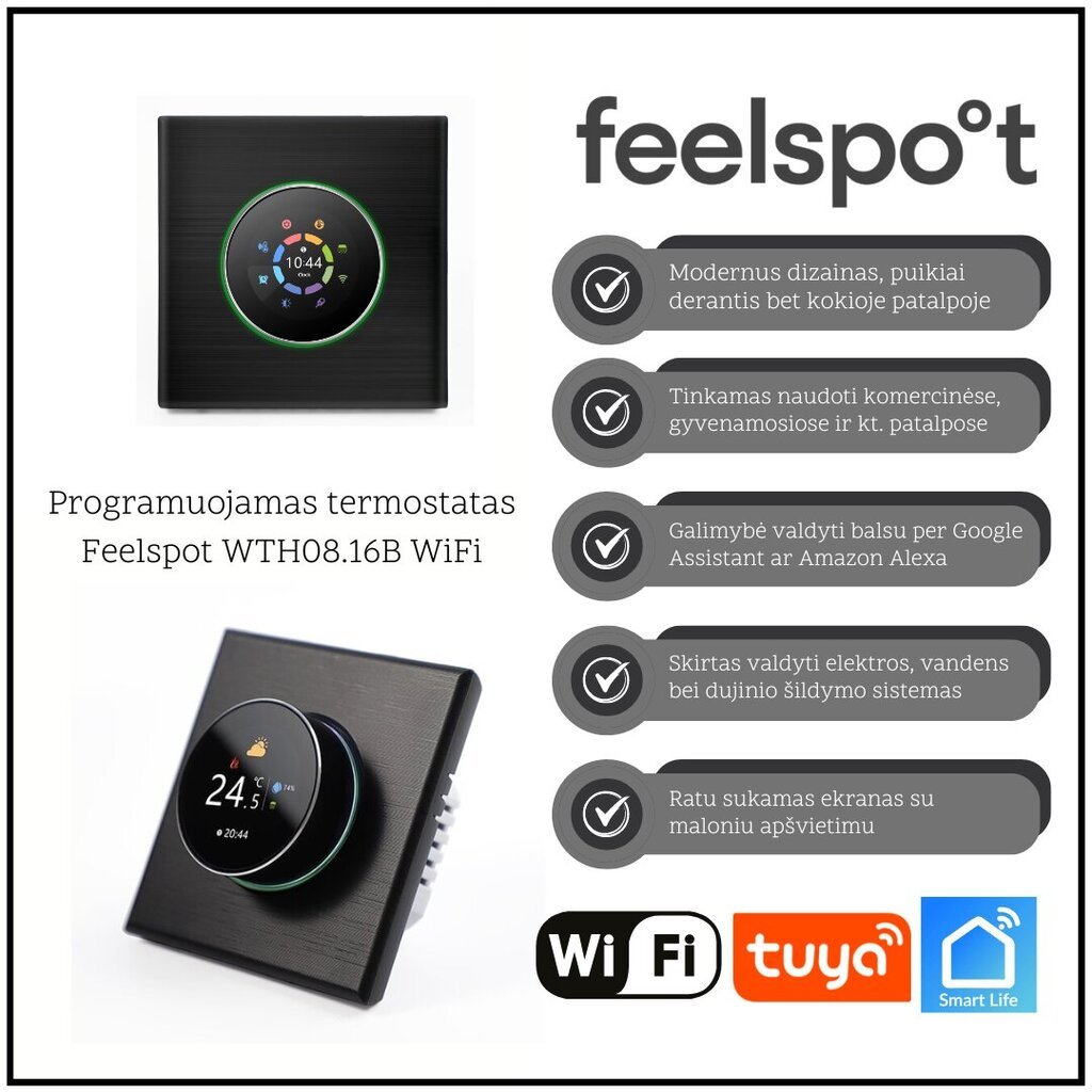 Programmeeritav termostaat Feelspot WTH08.16B WiFi, must, Tuya, Smart Life цена и информация | Taimeriga pistikud ja termostaadid | hansapost.ee