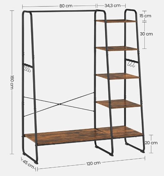 Riidestange 5 riiuliga, 45 x 120 x 160 cm, pruun ja must hind ja info | Nagid | hansapost.ee