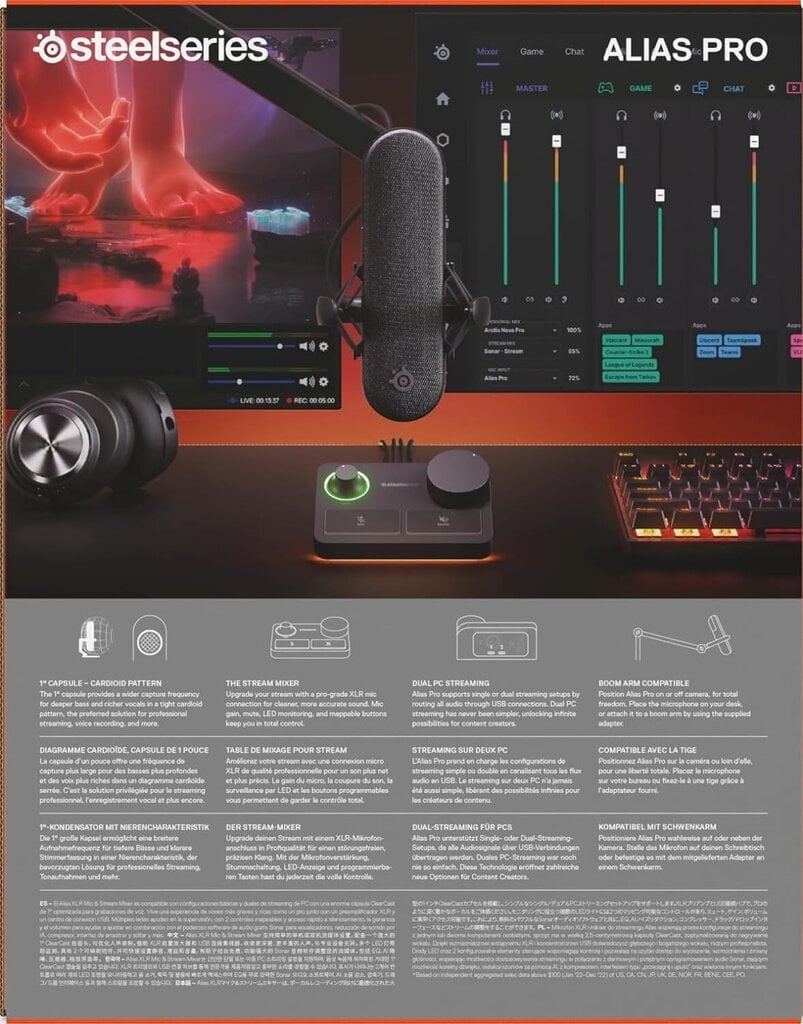 SteelSeries Alias Pro juhtmega kondensaatormikrofon (must) |USB/XLR цена и информация | Mikrofonid | hansapost.ee