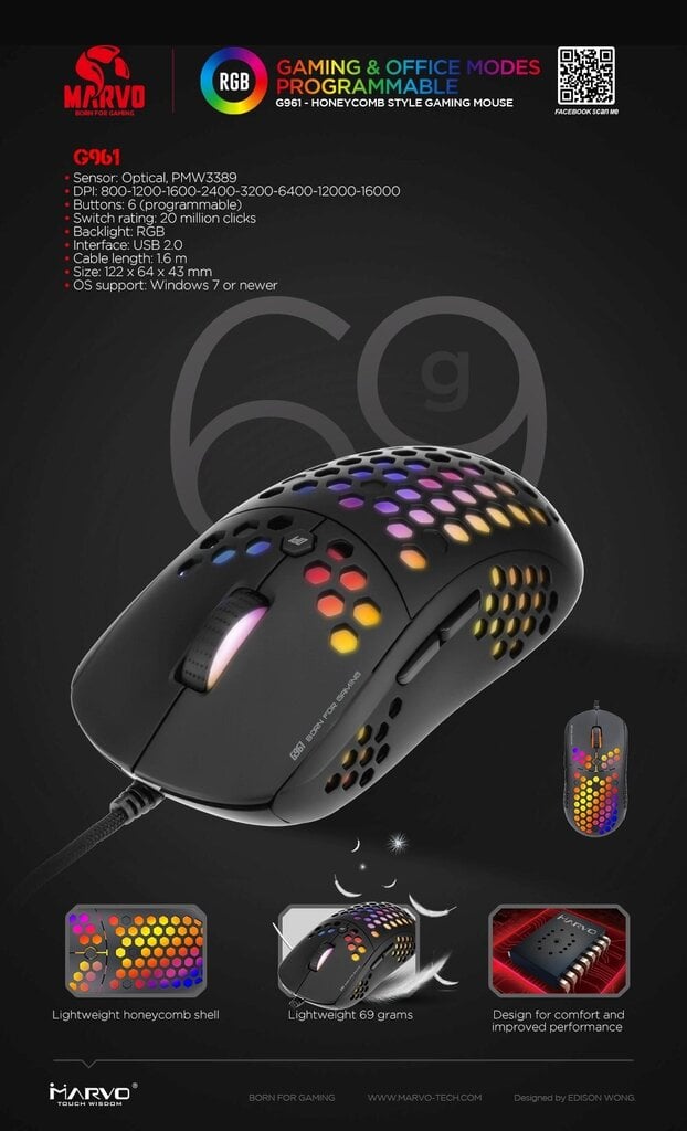 Marvo G961 RGB juoda laidinė pelė | 12000 DPI цена и информация | Arvutihiired | hansapost.ee