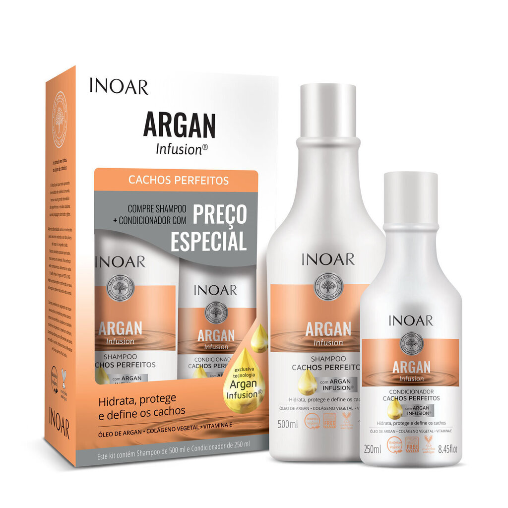 Laineliste ja lokkis juuste hoolduskomplekt INOAR Argan Infusion Perfect Curls Duo Kit: šampoon 500 ml + palsam 250 ml цена и информация | Šampoonid | hansapost.ee