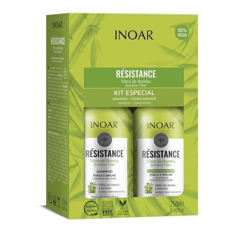 Juukseid tugevdav komplekt INOAR Resistance Fibra de Bambu Duo Kit: šampoon 250 ml + juuksepalsam 250 ml hind ja info | Šampoonid | hansapost.ee
