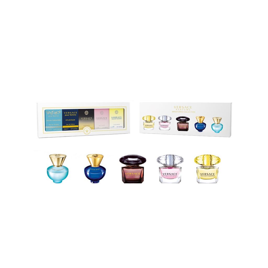 Komplekt Versace Mini Set Fragrances naistele: Tualettvesi Crystal Noir EDT, 5 ml + Tualettvesi Dylan Turquoise EDT, 5 ml + Tualettvesi Yellow Diamond EDT, 5 ml + Tualettvesi Bright Crystal EDT, 5 ml + Lõhnavesi Dylan Blue ED hind ja info | Parfüümid naistele | hansapost.ee