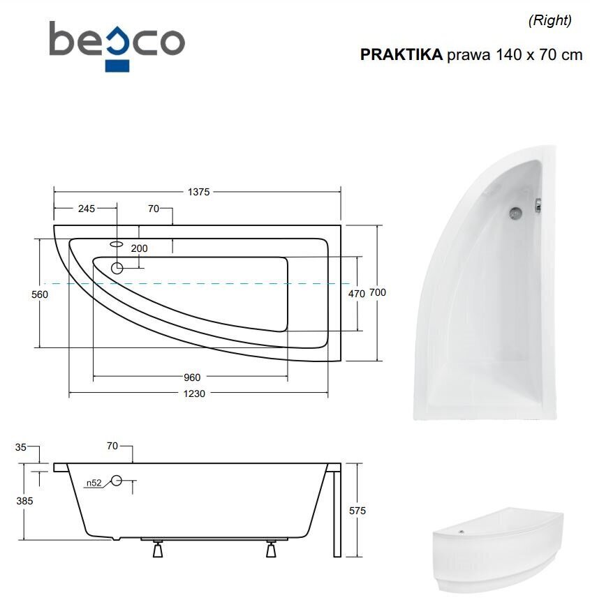 Vann Besco Praktika, 140x70 cm, parem hind ja info | Vannid | hansapost.ee