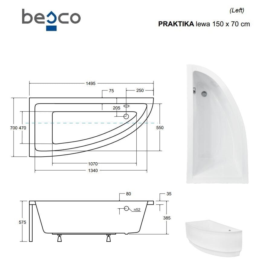 Vann Besco Praktika, 150x70 cm, vasak цена и информация | Vannid | hansapost.ee