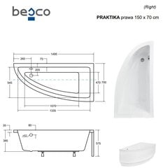 Ванна Besco Praktika, 150x70 см, правосторонняя цена и информация | Ванночки | hansapost.ee