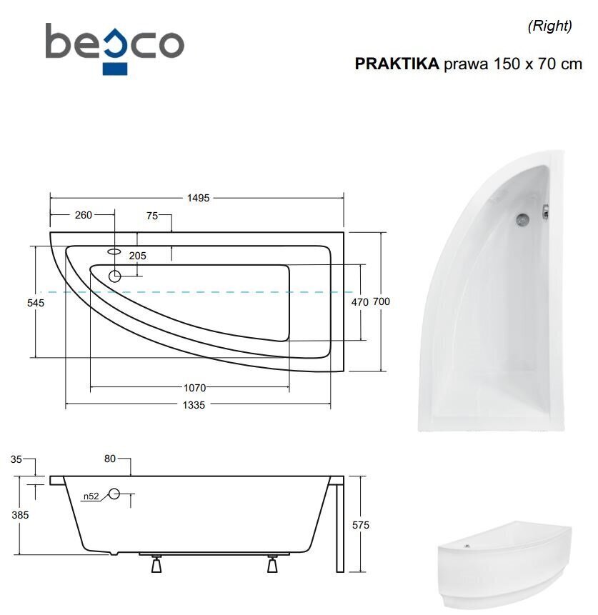 Vann Besco Praktika, 150x70 cm, parem hind ja info | Vannid | hansapost.ee