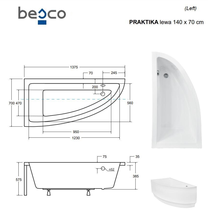 Vann Besco Praktika viimistlusega, 140x70 cm, vasak hind ja info | Vannid | hansapost.ee