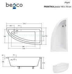 Ванна Besco Praktika с белой отделкой, 140x70 см, правосторонняя цена и информация | Ванночки | hansapost.ee