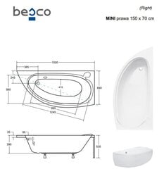 Vann Besco Mini viimistlusega, 150x70 cm, parem hind ja info | Vannid | hansapost.ee