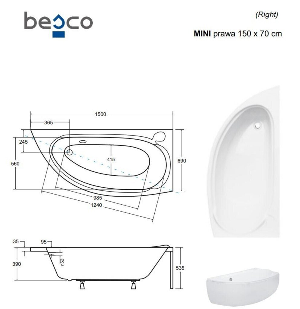 Vann Besco Mini viimistlusega, 150x70 cm, parem цена и информация | Vannid | hansapost.ee