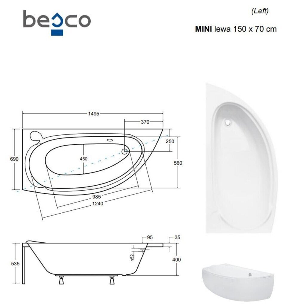 Vann Besco Mini viimistlusega, 150x70 cm, vasak цена и информация | Vannid | hansapost.ee