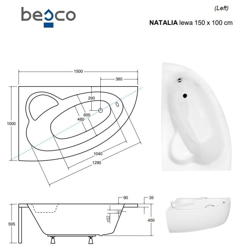 Vann Besco Natalia musta viimistlusega, 150x100 cm, vasakpoolne цена и информация | Vannid | hansapost.ee