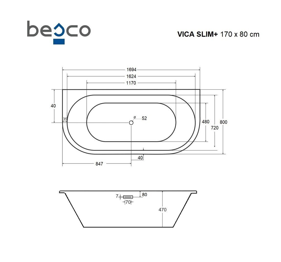 Vann Besco Vica Slim+ sifooniga, 170x80 cm цена и информация | Vannid | hansapost.ee