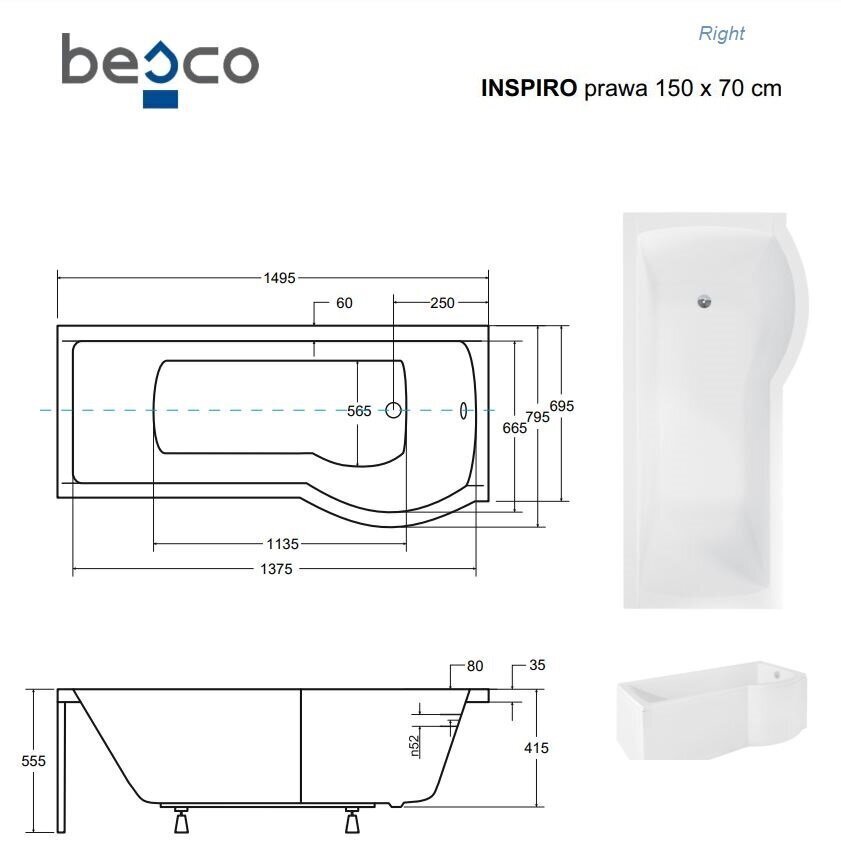 Vann Besco Inspiro koos klaasist seinaga ja viimistlusega, 150x70 cm, parempoolne цена и информация | Vannid | hansapost.ee