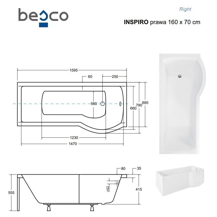 Vann Besco Inspiro koos klaasseinaga ja viimistlusega, 160x70 cm, parempoolne цена и информация | Vannid | hansapost.ee