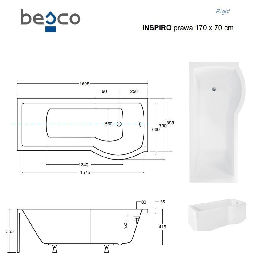 Vann Besco Inspiro koos klaasist seinaga ja viimistlusega, 170x70 cm, parempoolne hind ja info | Vannid | hansapost.ee