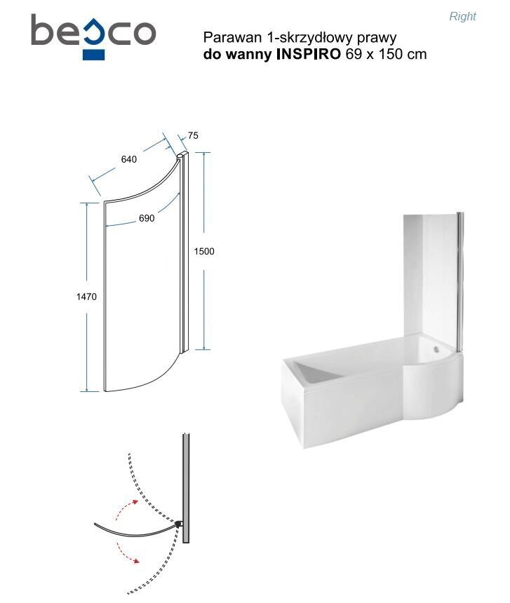 Vann Besco Inspiro koos klaasist seinaga ja viimistlusega, 170x70 cm, parempoolne price and information | Vannid | hansapost.ee