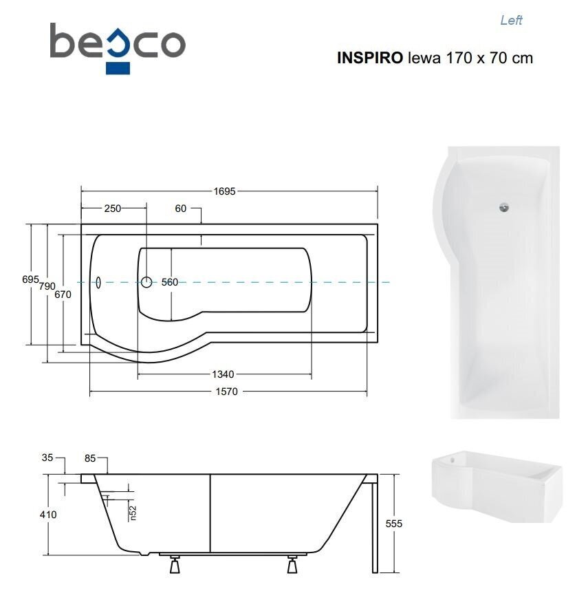 Vann Besco Inspiro koos klaasist seinaga ja viimistlusega, 170x70 cm, vasakpoolne hind ja info | Vannid | hansapost.ee